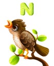 Funny animal alphabet for the kids: N for the Nightingale. Cartoon illustration