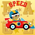 Funny animal car racer on alphabets background