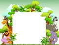 Funny animal cartoon with blank sign and tropical forest background Royalty Free Stock Photo
