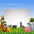 Funny animal cartoon collection with nature background and blank sign Royalty Free Stock Photo