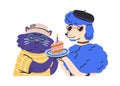 Funny animal characters couple celebrating birthday party. Cool cat and dog friends with holiday cake and candle for Royalty Free Stock Photo