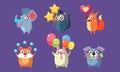 Funny Animal Characters Having Fun at Birthday Party Set, Cute Stickers with Baby Animals, Elephant, Monkey, Squirrel