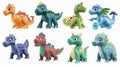 Funny animal icon set with dinosaur cartoons, pterodactyls, tyrannosaurus rex, triceratops, stegosaurus, and more.