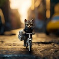 Funny animal riding on cycle. Illustrative cat on bike. Generative AI Royalty Free Stock Photo