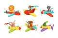 Funny Animals Aviating or Flying on the Airplane with Propeller Vector Set Royalty Free Stock Photo