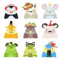 Funny animals and birds different hats set, penguin, cow, mouse, giraffe, owl, sheep, frog, snake, parrot, cute cartoon