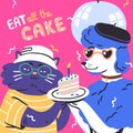 Funny animals with birthday cake. Cool fashion pets with holiday dessert, greeting card design. Funky comic cat and dog