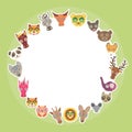 Funny Animals card template. White circle on light green background. Vector Royalty Free Stock Photo