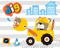 Funny animals cartoon on construction vehicle on striped background