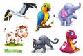 Funny animals. 3d vector icon set. Stork, parrot, elephant, cow, cat, dragon Royalty Free Stock Photo