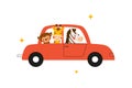 Funny animals driving a car. Vector illustration drawn in cartoon style