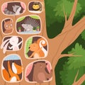 Funny Animals Inside the Tree Hollow Arranging Their Cozy Homes Vector Illustration