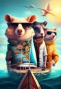 Funny animals in jackets and sunglasses traveling on a yacht. AI Generated