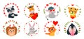 Funny animals in love frames. Cartoon romantic animal with hearts. Cute panda and bunny, sheep and giraffe. Valentines