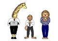 Funny animals office man play mobile, set of team, vector hand drawn Royalty Free Stock Photo