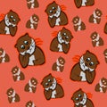 Funny animals otter confused, beaver puzzled, orange background perplexed, nervous, restless, uneasy pet cute seamless pattern