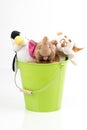 Funny animals sitting in colorful buckets .Friends:penguin, elephant, mouse are resting, communicating. Royalty Free Stock Photo