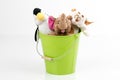 Funny animals sitting in colorful buckets .Friends:penguin, elephant, mouse are resting, communicating. Royalty Free Stock Photo