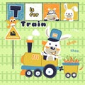 Funny animals cartoon, rabbit carrying lots of carrots with steam train Royalty Free Stock Photo