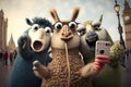 Funny animals taking a selfie with a mobile phone in front of Big Ben