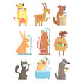 Funny animals taking a shower and washing, set for label design. Hygiene and care cartoon detailed Illustrations