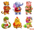 Funny animals. Tiger, elephant, pig, snake, chicken, unicorn. 3d vector icon set Royalty Free Stock Photo