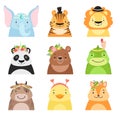 Funny animals wearing different hats set, elephant, tiger, lion, panda, bear, dinosaur, cow, cute cartoon animal avatars