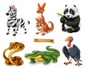 Funny animals. Zebra, kangaroo, panda bear, cobra snake, crocodile, vulture. 3d vector icon set