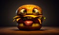 Funny animated burger with eyes and tongue sticking out. Crazy food monster close up. Dark backdrop. Generative AI