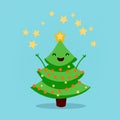 Funny animated Christmas tree, Fireworks of stars. Merry Christmas and a Happy New Year. Vector