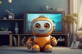 A funny animated house robot is sitting in a room. Cartoon