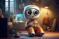 A funny animated house robot is sitting in a room. Cartoon
