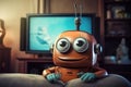 A funny animated house robot is sitting in a room. Cartoon