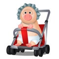 Funny animated pig in the pram isolated on white background. Vector cartoon close-up illustration. Royalty Free Stock Photo