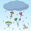Funny animated raindrops falling from a rain cloud