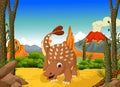 Funny Ankylosaurus Dinosaur cartoon with forest landscape background