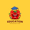 Funny apple education logo with big smile and wear graduation hat in cartoon mascot illustration style Royalty Free Stock Photo