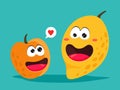 Funny apricot and mango. Bright vector illustration in cartoon style.