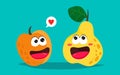 Funny apricot and pear in cartoon style. Bright vector illustration with cute fruits.
