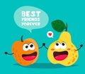 Funny apricot and pear with the slogan. Best friends forever. Bright vector illustration in cartoon style. Handwritten text, lette