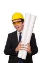 Funny architect with drawings on white Royalty Free Stock Photo