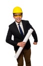 The funny architect with drawings on white Royalty Free Stock Photo