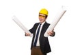 The funny architect with drawings on white Royalty Free Stock Photo