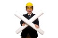 The funny architect with drawings on white Royalty Free Stock Photo