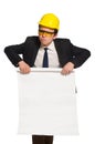 The funny architect with drawings on white Royalty Free Stock Photo