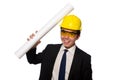 Funny architect with drawings on white Royalty Free Stock Photo