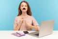 Funny arrogant woman office employee pointing herself, covering lips with fake paper moustache, imitating strict boss