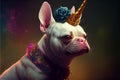 Funny art portrait of white french bulldog in unicorn golden horn