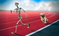 Sporty looking skeleton chased by a dog