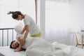 Funny couple morning wake up fight between wife and lazy husband.